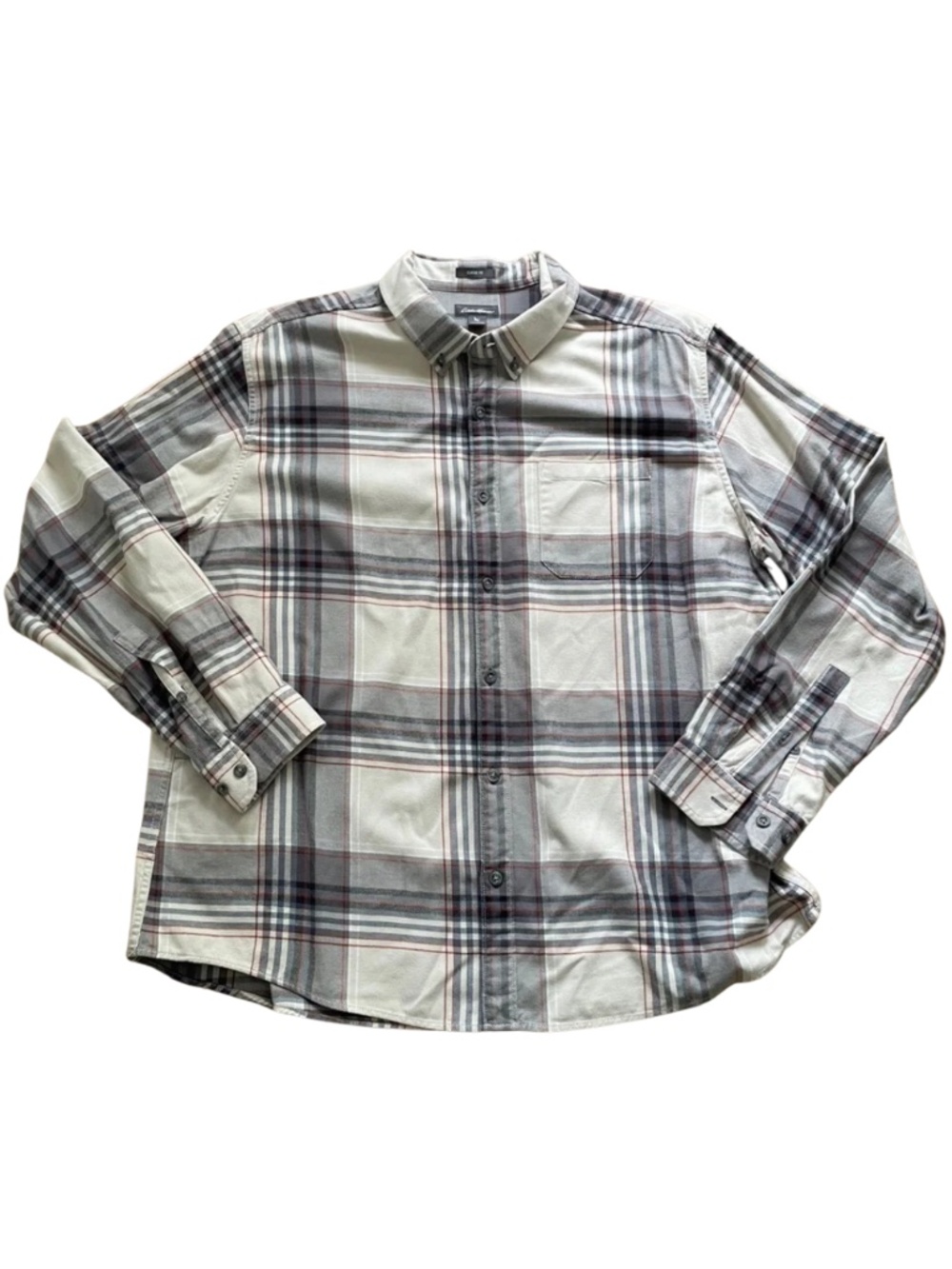Eddie Bauer XXL Plaid Button-Down Shirt in White, Gray/ Burgundy Casual # 0005
